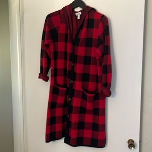 Light coat for most season. Red - black plaid.  Has hood and pockets. D B co.